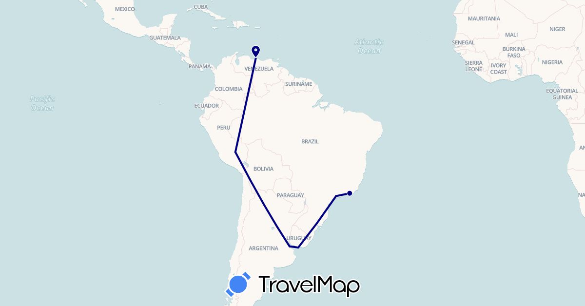 TravelMap itinerary: driving in Argentina, Brazil, Peru, Uruguay, Venezuela (South America)